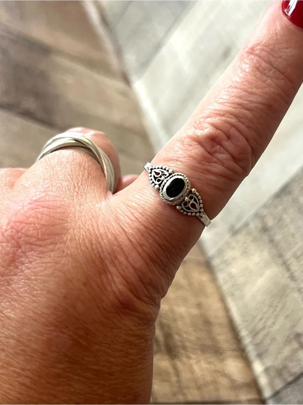 Sterling Silver Black Onyx Filigree Ring - size 10.5